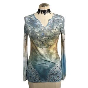 Vtg Y2K Kiara Rhinestone Mcbling Boho Fairycore Grunge Whimsy Long Sleeve Sz S